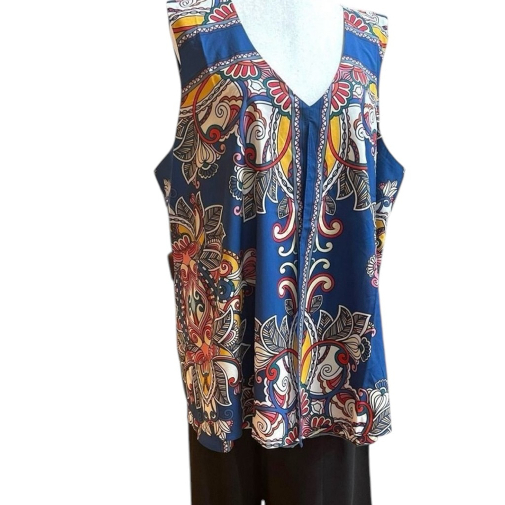 Suzanne Betro 2-Piece Set 4X NWT | Scarf Print Sleeveless Top & Black Crop Pants - Picture 12 of 13